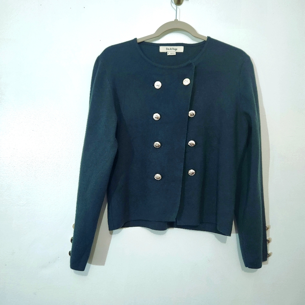 Eva & Paige Cardigan Top Small S Dark Green Gold Lion Plastic Buttons Knit Crop